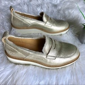 🆕 UGG Moccasin Heels Wedge Lightweight Wool Gold